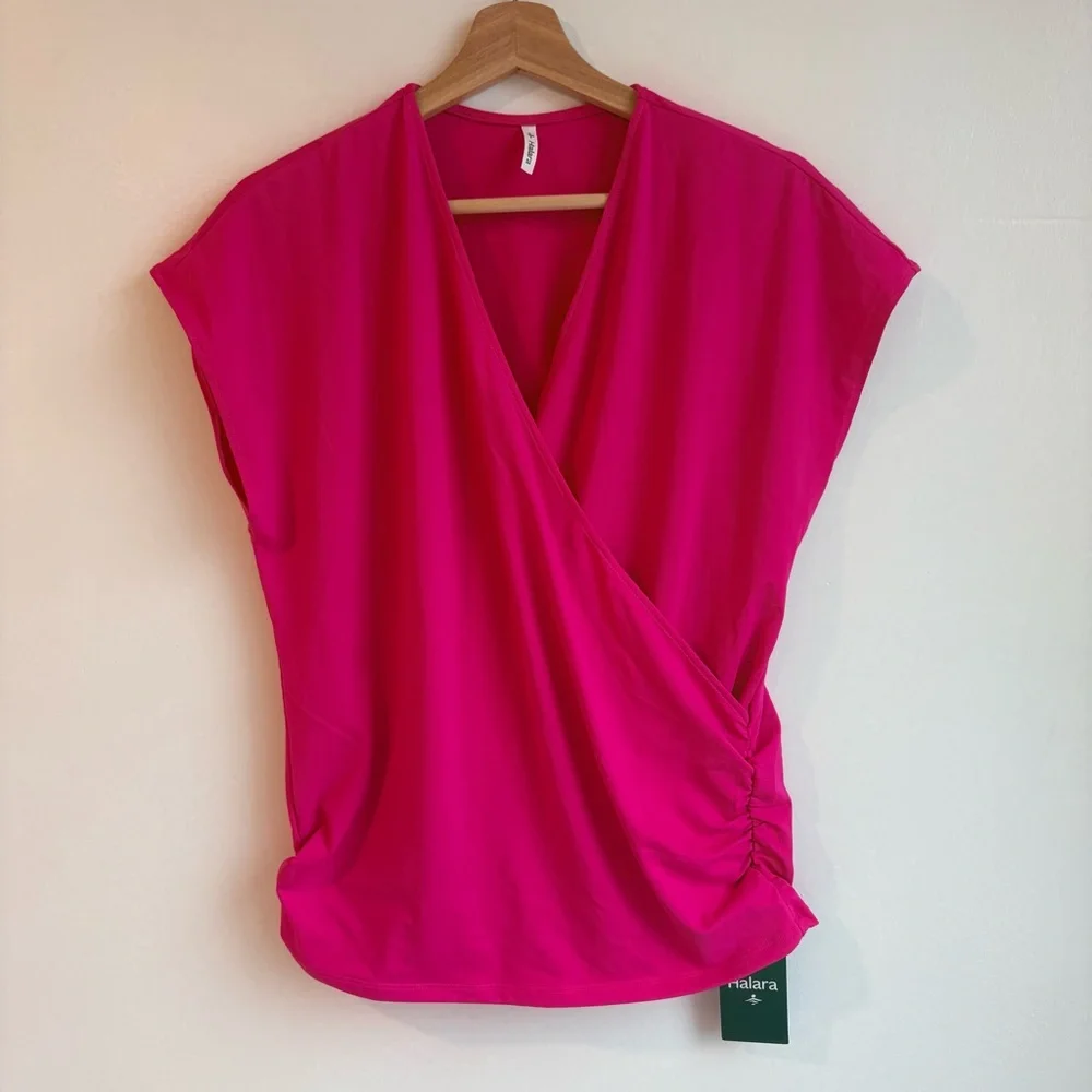 HALARA Women’s V Neck Cap Sleeve Crossover Ruched Hot Pink Work Blouse M NWT - Picture 3 of 5